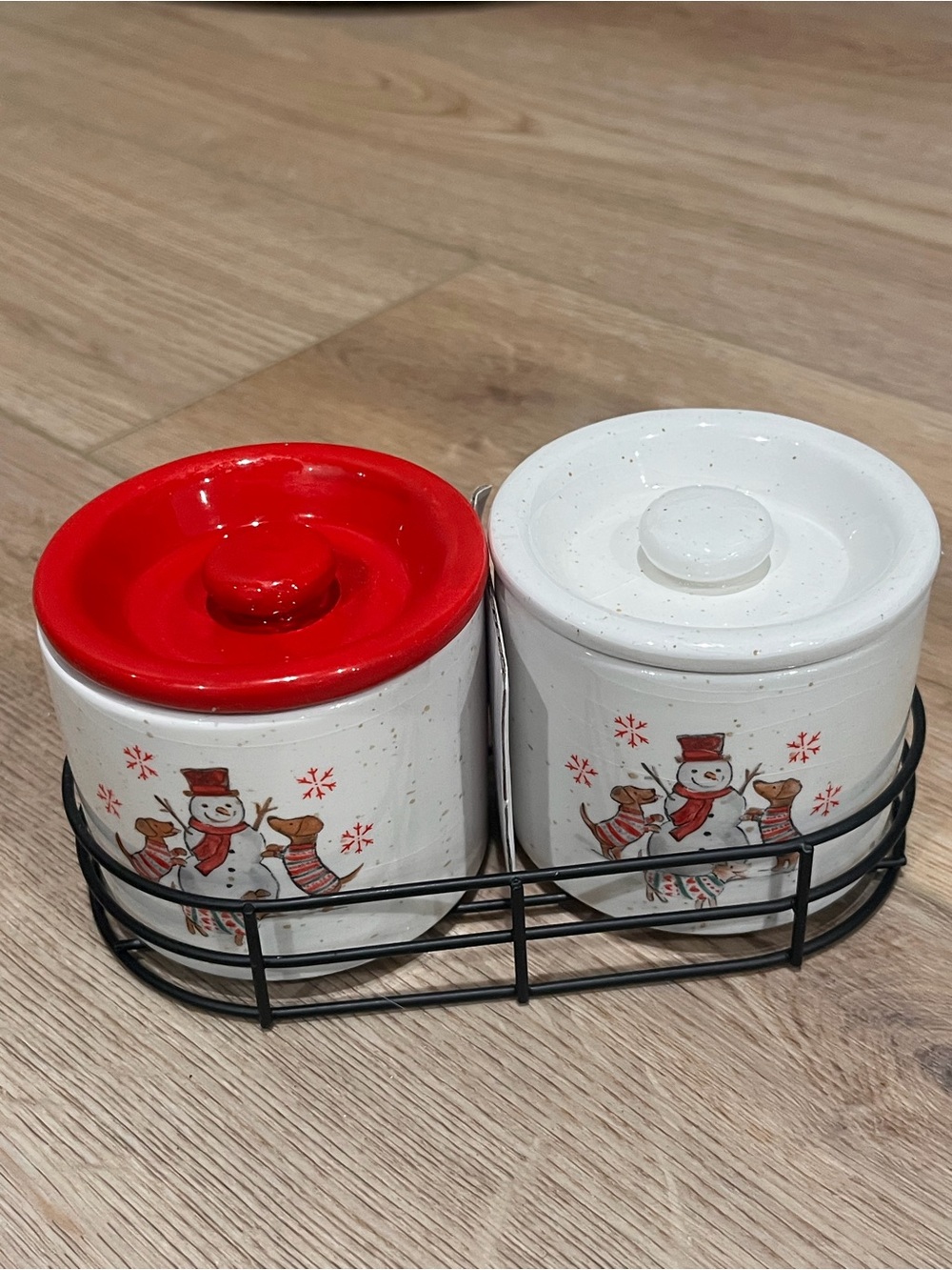 Peppermint & Pine White Ceramic Serving Bowls with lids and metal holder